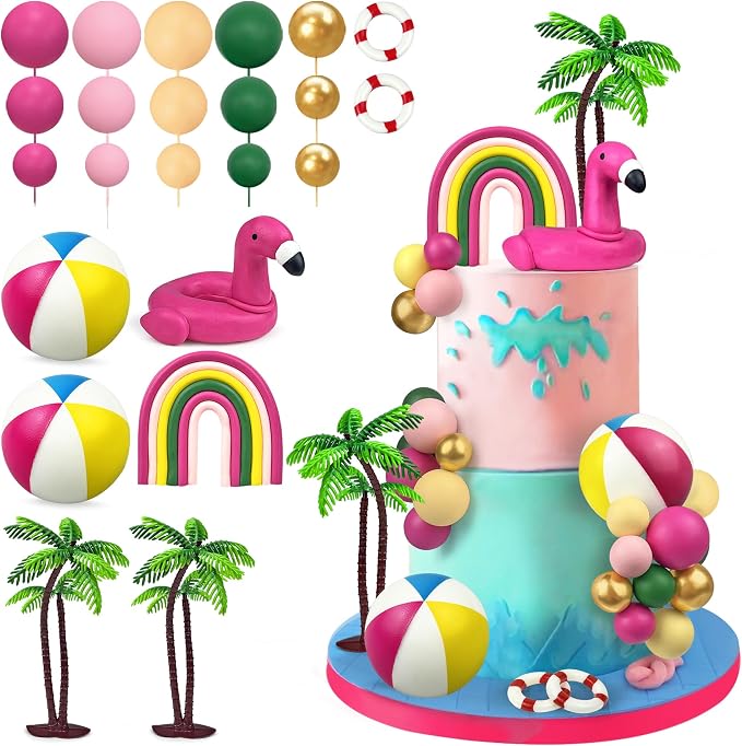 23 PCS Hawaiian Beach Cake Decoration Set Summer Cake Decor with Flamingo Rainbow and Coconut Tree Toppers for Hawaiian Theme Party