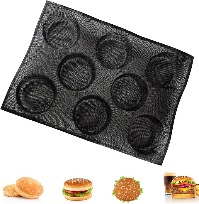 Dioycli Silicone Hamburger Bun Pan Muffin Pan Perforated Mesh Burger Bun Molds 8 Cavities for Baking Hamburger Muffin Round Bread