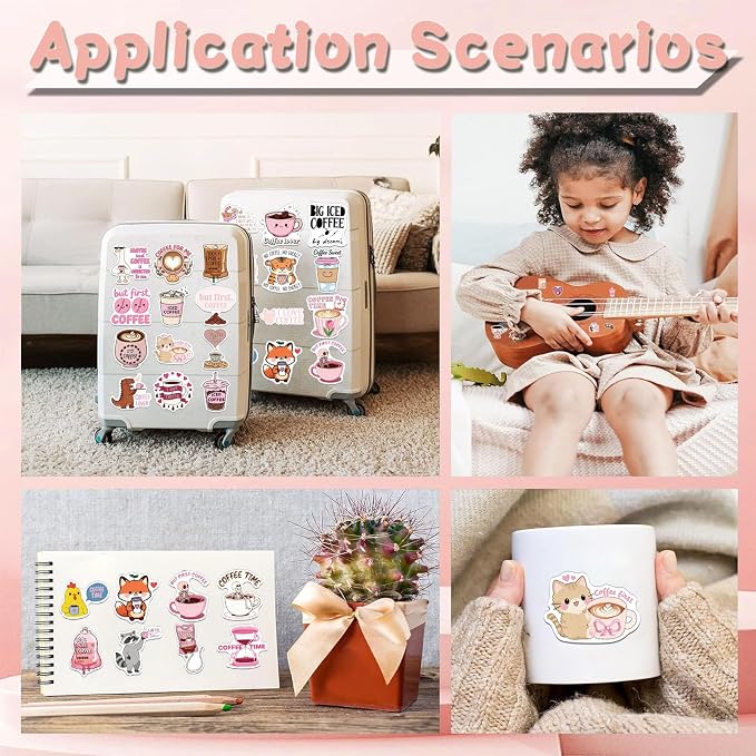 100 Pcs Coffee Lover Pink Stickers Funny Coffee Time Aesthetic Vinyl Waterproof Stickers for Water Bottles Cups Laptops Bike Car Luggage Skateboard