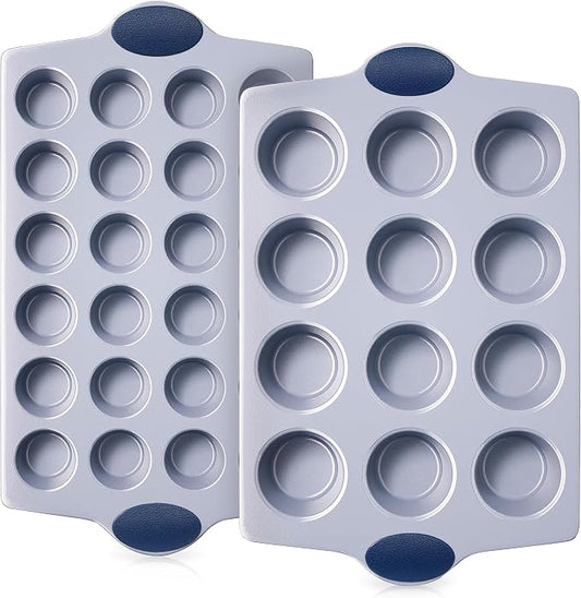 BRONYPRO 2-Pack 12 Cup and Mini 24 Cup Non Toxic Nonstick Ceramic Muffin Pan & Cupcake Tin, PFOA & PTFE Free, Heavy Duty Rust-Resistant Aluminized Steel, Oven Safe, Blue