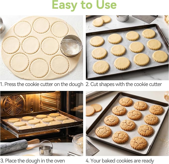 USLAI Biscuit Cutter Set (1.75, 2, 2.5, 2.75, 3.25 Inch), Stainless Steel Fluted Round Cookie Cutter with Handle, Professional Kitchen Baking Dough Tools, 5 Pieces - Wave