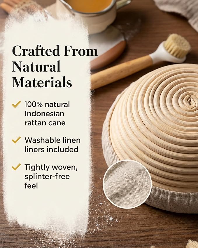 Banneton Bread Proofing Basket with Liner – Natural Rattan Dough Riser with Sourdough Baking Accessories, Artisan Bread Loaves, Homemade Bread Making - 9” Round Sourdough Starter Kit