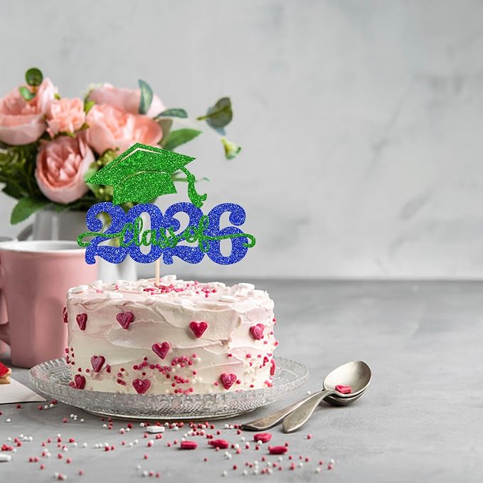 1 Pack Class of 2026 Cake Topper Glitter Congrats Grad Cap 2026 Graduation Cake Pick for 2026 Graduation Theme High School Boys Girls Graduate Party Cake Decorations Supplies Blue Green