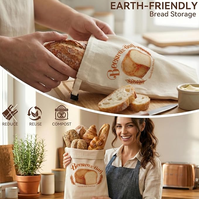 2 Pack Beeswax Bread Bags for Sourdough, Reusable Natural XL Linen Beeswax Bread Bag for Homemade Sourdough 17 x 13 Inches Freezer-Friendly Large Capacity Portable