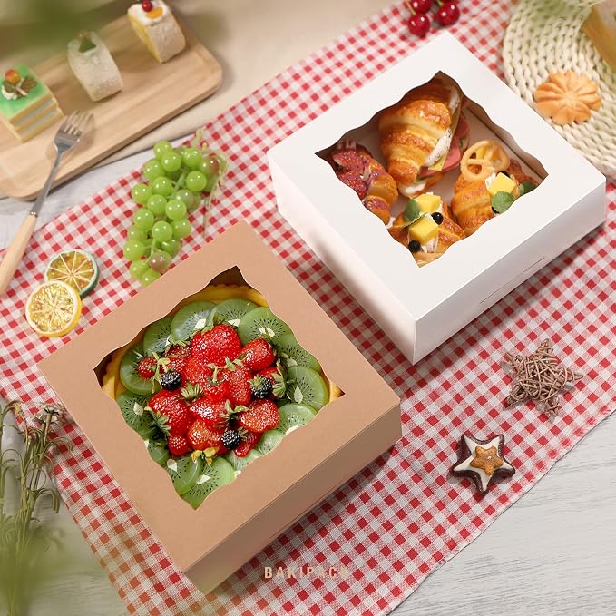 25 White Bakery Boxes with Window, 8x8x4 Inches Cake Boxes with Window, Treat Boxes for Pastry, Cupcake, Cookies, Muffins, Pie