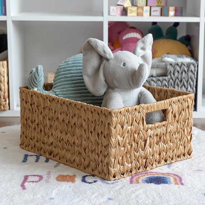 JS HANGER Large Woven Rattan Storage Basket with Handle for Organizing Waterproof Plastic Wicker Basket for Bathroom, Living Room 16.53’’ x 12.8’’ x 7.5’’ Natural