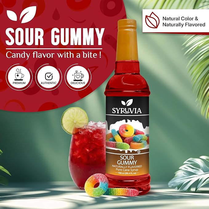 Syruvia Sour Gummy Syrup, Naturally Flavored Syrup for Specialty Drinks, Lemonades, Iced Teas, and Desserts – 25.4 fl oz - with Pump