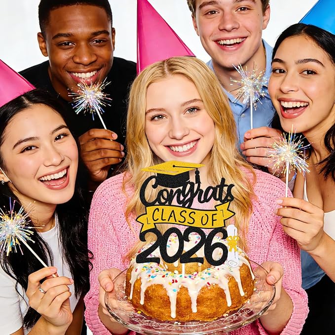Congrats Class of 2026 Cake Topper Congrats Grad Cap Diploma Theme for High School Happy Graduation Party Supplies College Graduate Decoration (Gold)