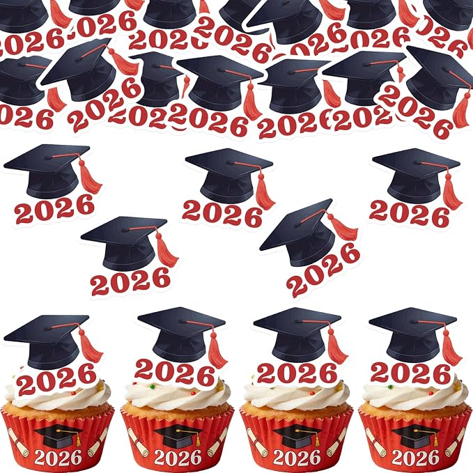 42pcs Edible Graduation Cap Cupcake Toppers Wafer Paper Red Class of 2026 Cake Decorations Edible Grad Cap Cupcake Picks for 2026 Graduation Theme Party Cake Decor Supplies