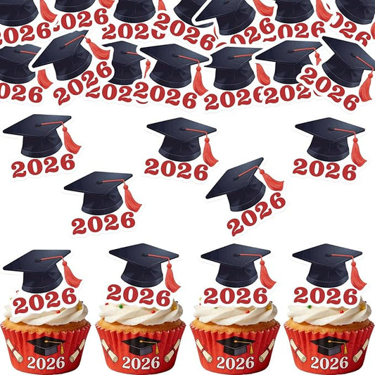 42pcs Edible Graduation Cap Cupcake Toppers Wafer Paper Red Class of 2026 Cake Decorations Edible Grad Cap Cupcake Picks for 2026 Graduation Theme Party Cake Decor Supplies