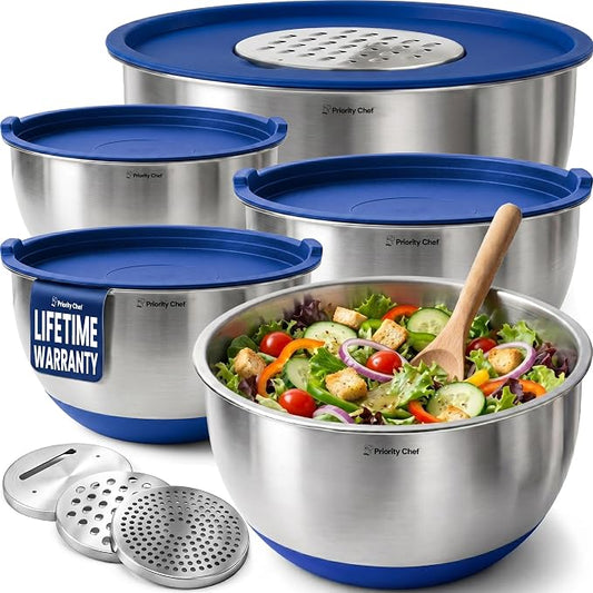 Priority Chef Stainless Steel Mixing Bowls with Lids Set, 3 Grater Attachments, Airtight Lids, Non-Slip Silicone Base Mixing Bowl Set, Large Prep Metal Mixing Bowls for Kitchen, Blue