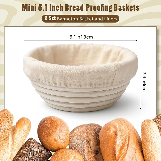 Fanfanwin 2 Pack Mini Bread Proofing Baskets with Liners Banneton Baskets Dough Proofing Bowls for Home Sourdough Bread Baking Supplies(Round)