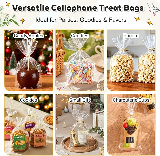 PigPotParty Cellophane Treat Bags 7x10 Inch, 100 Pack Clear Goodie Bags with Bottom Gusset for Stand-Up Display, Small Plastic Gift Wrap for Cookies, Candy, Party Favors, Popcorn, Includes 100 Ties