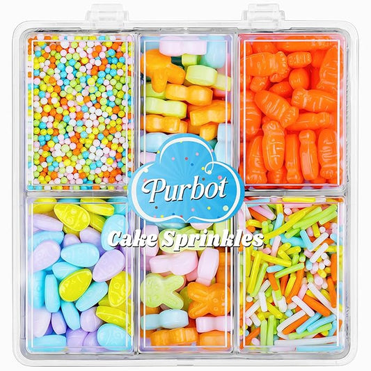 Easter Sprinkles Edible,130g/4.6oz Pastel Sprinkles for Cake Decorating with Easter Egg Carrot Bunny Jimmies and Nonpareils in 5-Cell, Ice Cream, Donuts, Macaron Toppings Supplies