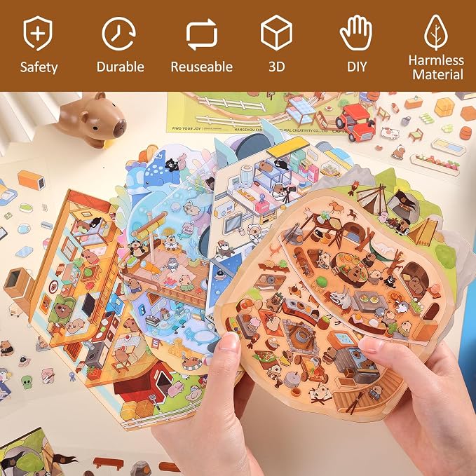 Girls 3D Miniature Scene Stickers, 4 Sets World Adventure DIY House Stickers for Space, Caves, Farms, Underwater World, Cute 3D Cartoon Sticker Scenes for Adult Kids Relief Stress Pass The Time