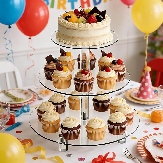 3 Tier Acrylic Cupcake Stand (6", 8", 10") with 4" Spacing - Clear Dessert Tower with Solid Rods - Stable Cake Display for Smash Cakes, Weddings & Party Decor (Clear)