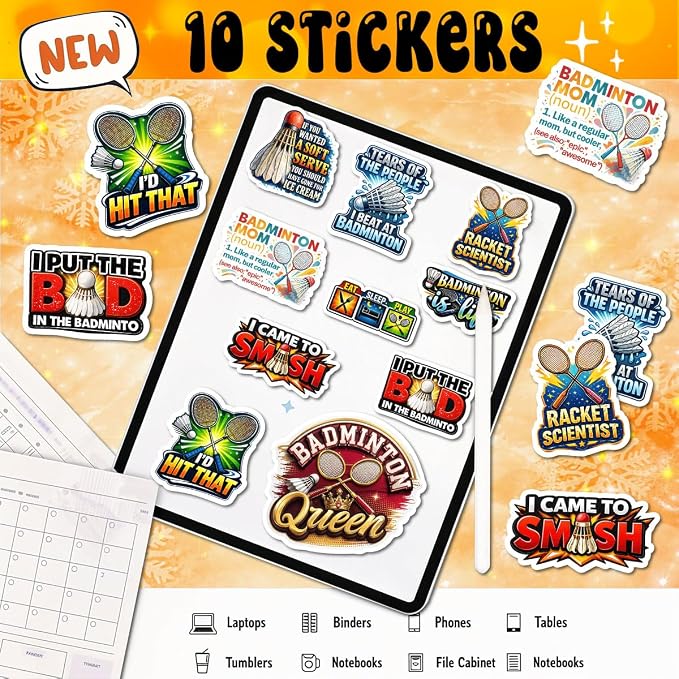 10pcs Badminton Sticker Sheet, Fun and Sporty Vinyl Decals for Players, Coaches, and Shuttlecock Fans, Waterproof, for Laptop, Water Bottle, Journal, Notebook, Phone Case (Badminton, 2in)