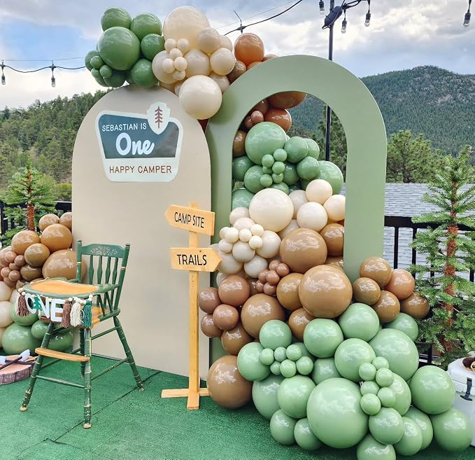 Brown and Green Balloon Arch Kit for Boys One Happy Camper Camp Bachelorette Camping Birthday Outdoor Wild Adventure Party Decorations