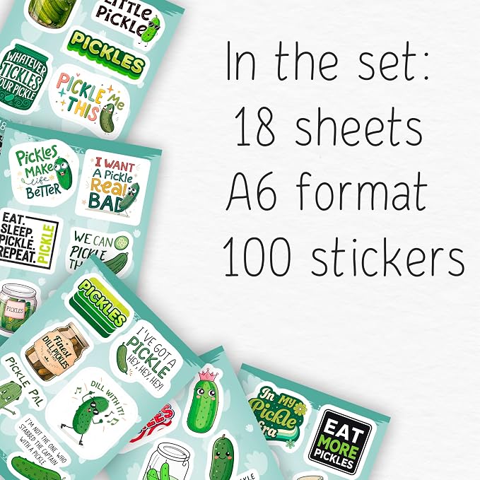 100Pcs Pickle Stickers for Water Bottle and Laptop - Pickle Party Supplies, Decorations - Food and Fun Stickers, Gifts for Women & Men