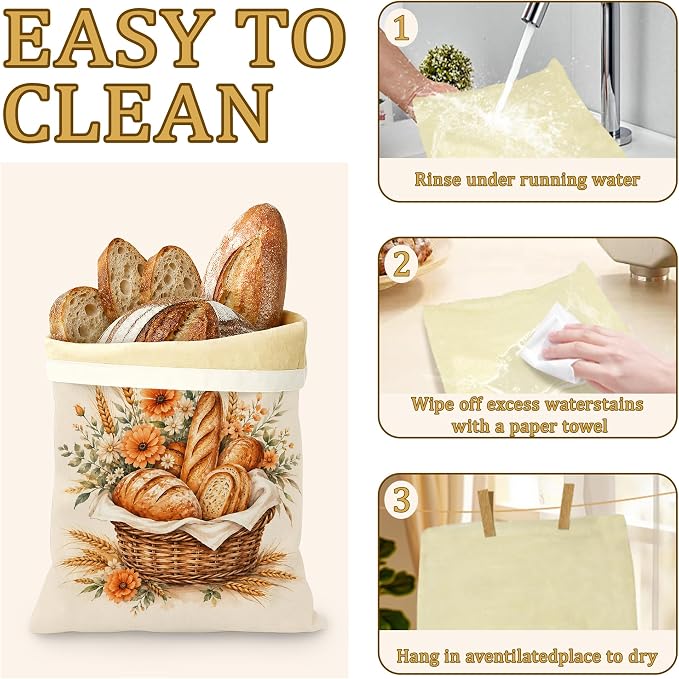 2 Pack Beeswax Basket Floral Bread Bags for Sourdough, Reusable Linen Golden Wheat Bread Bag 17x13'' Food Storage Cloth Bag Freezer-Friendly & Freshness Preservation