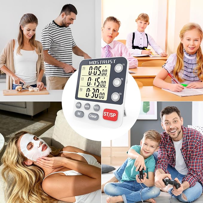 Digital Dual Kitchen Timer, 3 Channels Countdown Triple Timer for Cooking, Magnetic Memory-Preset Large Display Adjustable Alarm Volume, Multi Times Management, 3A Battery Included, White