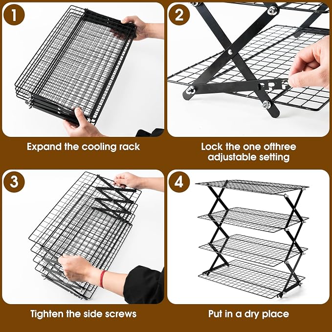 4 Tier Collapsible Cooling Rack - 3 Setting Design, Adjustable Stackable Wire Cooling Racks for Baking, Outdoor Camping Picnic Shelf, Wire Cooling Rack for Baking, Cookies, Cake, BBQ, Drying Rack