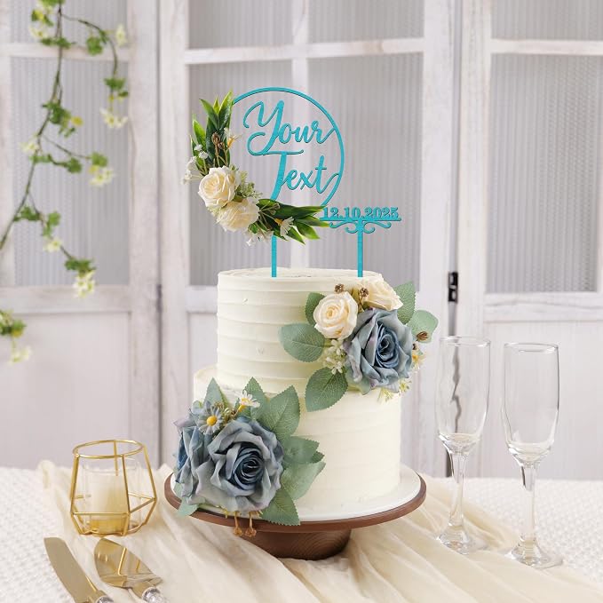 CustomText Wedding Cake Topper with 3D Artificial Flowers and Green Leaves Personalized Your Text Birthday Cake Decoration (Oak Finish)