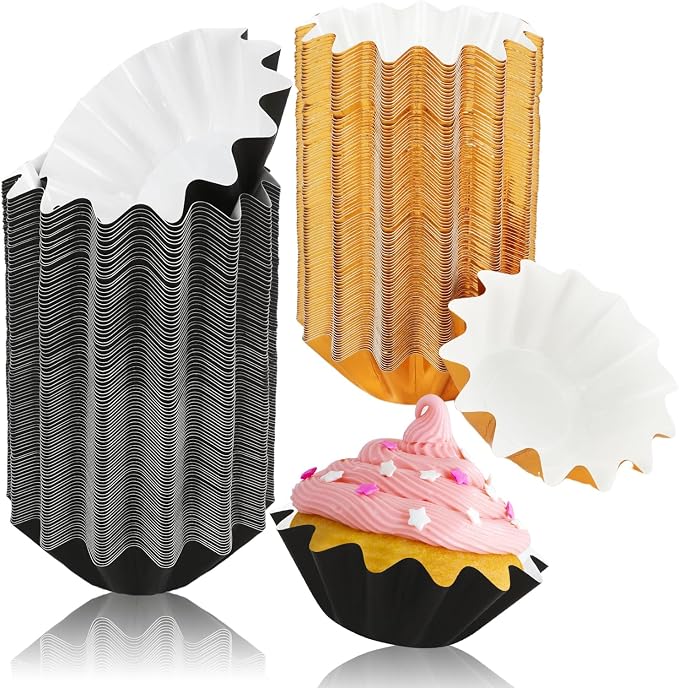 200 PCS Baking Cups Cupcake Liner Flared Muffin Wrappers (Gold+Black) | Standard Greaseproof Coated Brioche Paper Cup for Wedding Birthday Holiday Party or Baby Shower