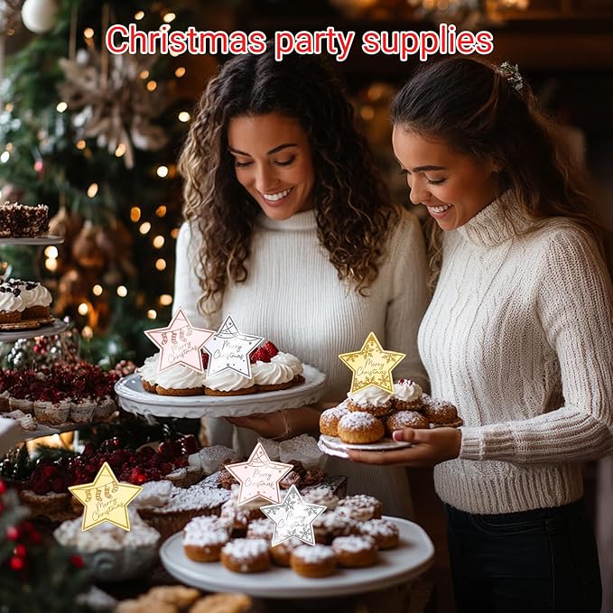 Wootkey 36 PCS Christmas Cupcake Toppers Acrylic Mirror Star Little Star Cake Decorations for New Year Christmas Party Supplies