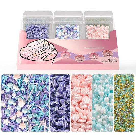 HUEBEATY 6-in-1 Mermaid Sprinkles Set – 180g Edible Mermaid Sprinkles & Seashell Cake Decorations, Under the Sea Ocean Sprinkles for Cake Decorating, Cupcakes, Cookies, Ice Cream & Summer Desserts