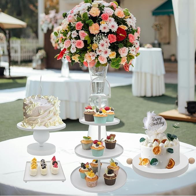 Set of 7 White Cake Stands Metal Dessert Display Holder Round 3 Tier Cupcake Stand Serving Tray Platter Cake Pedestal Stand for Party Weddings Birthday Baby Showers Anniversary