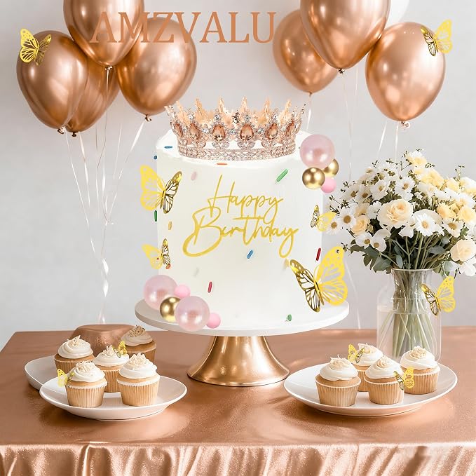 Crown Cake Topper, Amber & Rose Gold Crown Balls Happy Birthday Cake Toppers Candles Butterfly, Corona Para Pastel, Crown Cake Decorations for Women Queen Princess (Rose Gold, Peach)