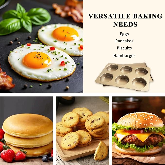 6-Cup English Muffin Pan with Sliding Lid, Nonstick Carbon Steel | 3.35" Cavities for Homemade English Muffins, 2-in-1 Breakfast Sandwiches, Hamburger Buns and Mini Quiches