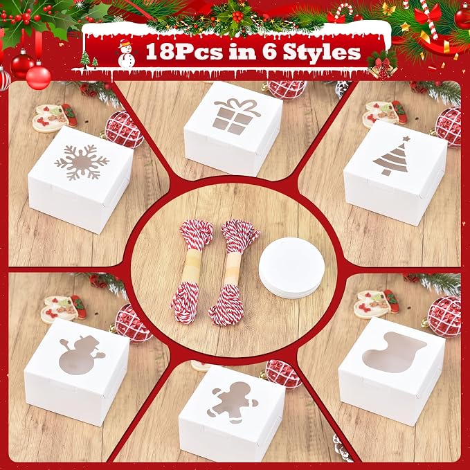 COTOPHER 18Pcs Christmas Cookie Boxes with Window, 6x6x3 inch White Bakery Boxes for Gift Giving, XMAS Treat Boxes Holiday Pastries Boxes for Cakes Muffins Donuts Chocolate Strawberries