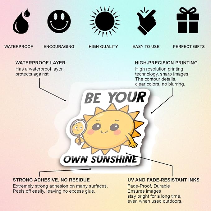 Sun Stickers 50PCS – Waterproof Vinyl Positive Sunshine Decor for Water Bottles, Laptops, Journaling – Non-Repeating Decals, High-Definition Print Gift for Womens
