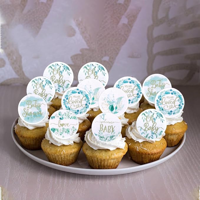 60 PCS Edible Baby Shower Cupcake Toppers Woodland Jungle Leaf Love Welcome Baby Cupcake Picks Edible Oh Baby Cake Decorations for Baby Shower Theme Gender Reveal Kids Birthday Party Supplies