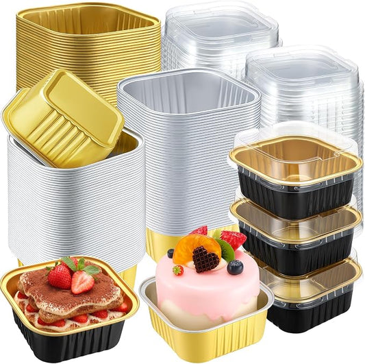 200 Pack 5 oz Mini Cake Pans with Lid, Aluminum Foil Mini Baking Tins, Square Disposable Cupcake Baking Cup Dessert Container for Wedding Birthday Party Picnic(Black, Gold, Classic)