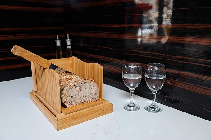 GloBamboo Bamboo Bread Slicer with Cutting Board For Homemade Bread, Adjustable, Compact, Foldable and Customizable Loaf/Cakes/Bagel Slicer, 3 Slice Sizes with Serving and Crumb Catcher Tray
