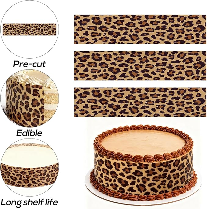 6pcs Leopard Print Edible Cake Border Strips, Rice Paper Cheetah Pattern Cake Side Trim Decorations for Women's Birthday Party