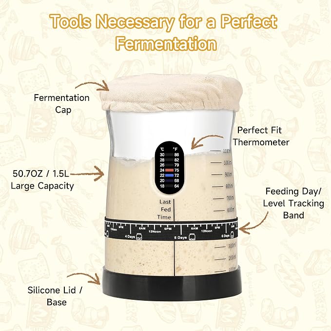 Coco Bird Pro Sourdough Starter Kit- 50oz Large Capacity Sourdough Starter Jar, 17 Flavorful Fermentation Recipes, Sourdough Bread Baking Supplies for Making Delicious Sourdough Breads(1PCS)