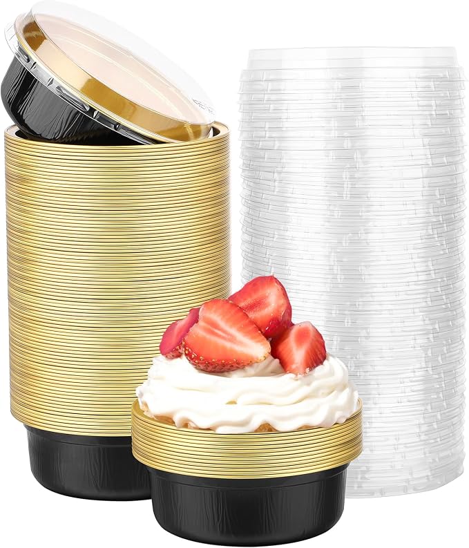 Beasea Disposable Ramekins with Lids, 100 Pack 8.8oz 260ml 4 Inch Round Aluminum Foil Cups Disposable Cupcake Pudding Mini Baking Cups for Party - Black Gold