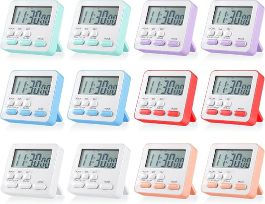 Weewooday 12 Pcs Digital Kitchen Magnetic Timer Bulk Classroom Count up Countdown Timer Large Digits Egg Loud Alarm Cute Desk Stopwatch for Teacher Kids Cooking Office(Pastel Colors,Classic Style)