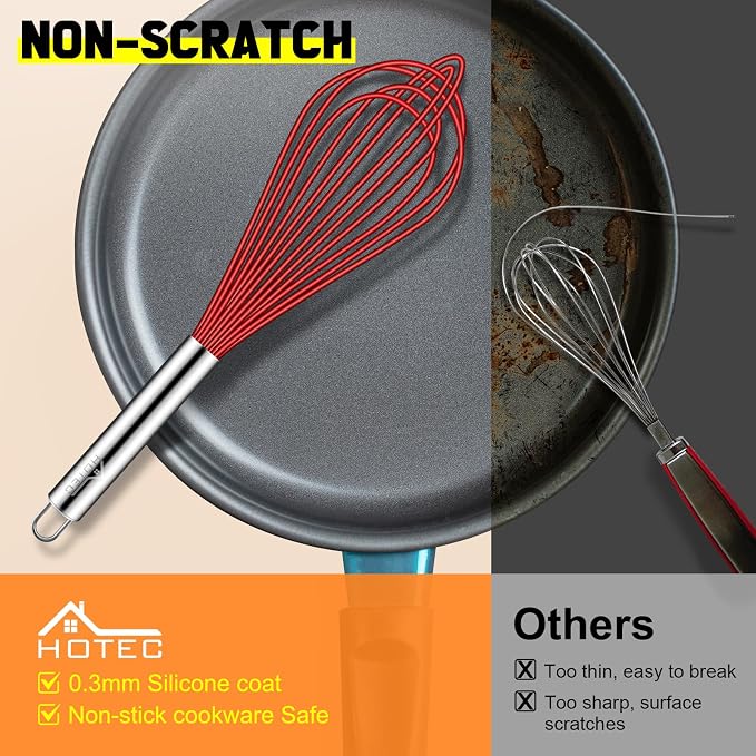 HOTEC 4 Pieces Silicone Whisks Set, Wire Balloon Whisks for cooking Egg Beater, Non-slip Handle Whisk for Non-stick Cookware Perfect for Cooking, Stirring, Beating and Blending,Red