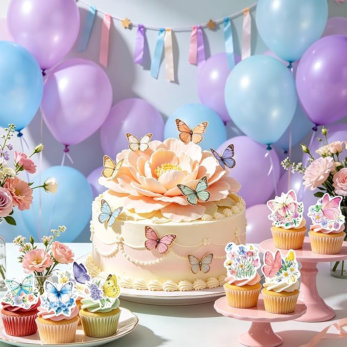 72Pcs Edible Butterfly Flower Cupcake Toppers Wildflower Cupcake Toppers Baby Shower Girl Butterfly Flower Floral Birthday Party Decoration Supplies