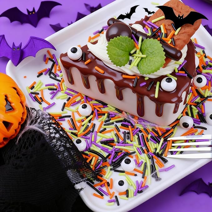 Halloween Sprinkles Mix with Edible Candy Eyes - Black Orange Purple Green Jimmies for Cake Decorating, Cookies, Cupcakes, Baking, and Halloween Party Supplies, Scary Theme Sprinkles