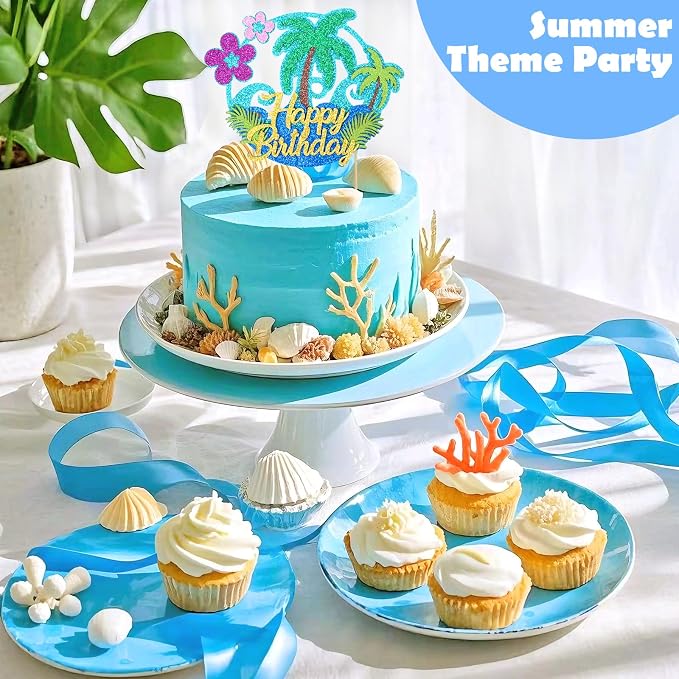 Wootkey Glitter Hawaii Happy Birthday Cake Topper Palm Tree Summer Flower Ocean Hawaiian Cake Decorations Luau Theme Party Supplies