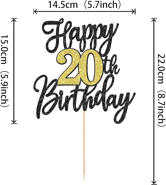 1 PCS Happy 20th Birthday Cake Topper Black Gold Glitter Cheers to 20 Years Birthday Cake Pick 20 Fabulous Cake Decoration for Happy 20th Birthday Anniversary Party Decorations Supplies