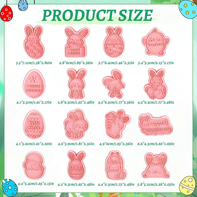 Jspupifip 16 Pcs Easter Cookie Cutters with Plunger Stamper,Happy Easter Mini 3D Cookie Stamper for Baking Bunny,Chick,Egg Fondant Cookies