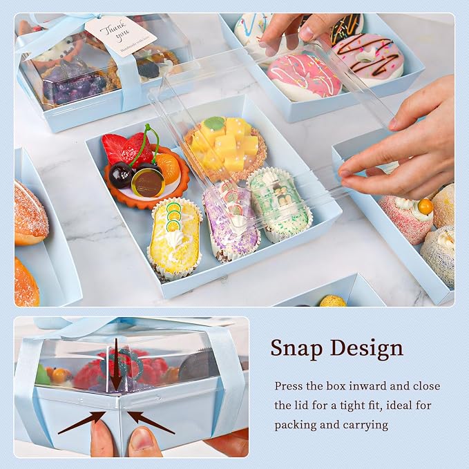 7 x 7 x 2.6 Inches Large Charcuterie Boxes with Clear Lids, 50 Pack Disposable Square Kraft Bakery Boxes, To Go Paper Food Container for Cake Slices, Sandwiches, Cookies, Dessert (Blue)