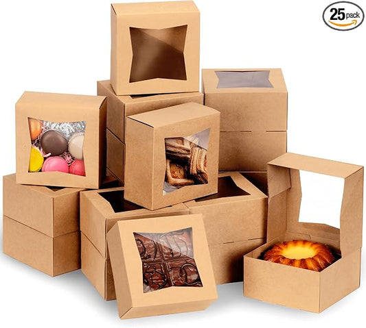 Fit Meal Prep 25 Pack Bakery Boxes with Window 6x6x3 Kraft Cake Box Cardboard Bakery Packaging for Cupcake, Cookies and Pastry, Treat Box Pie Box for Valentine's Day, Christmas